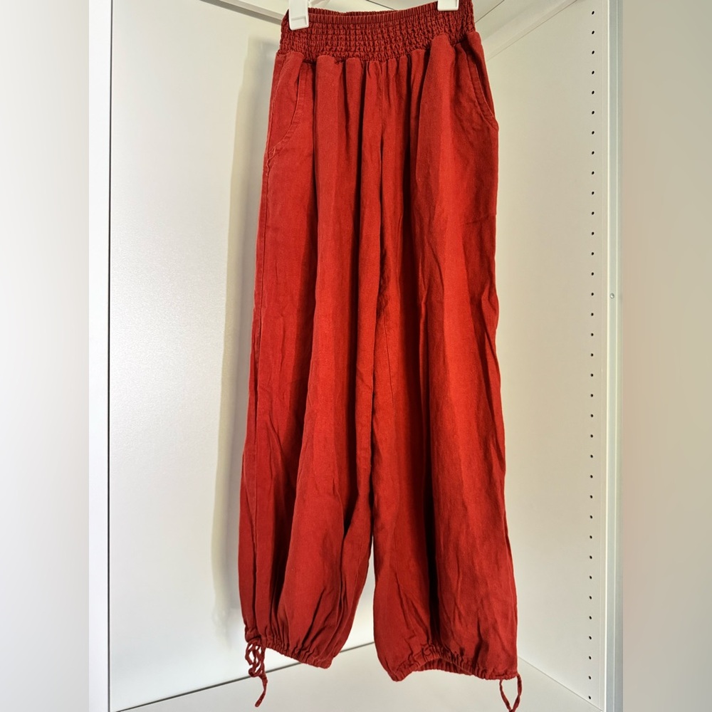 Wide Leg Harem Red Linen Pants